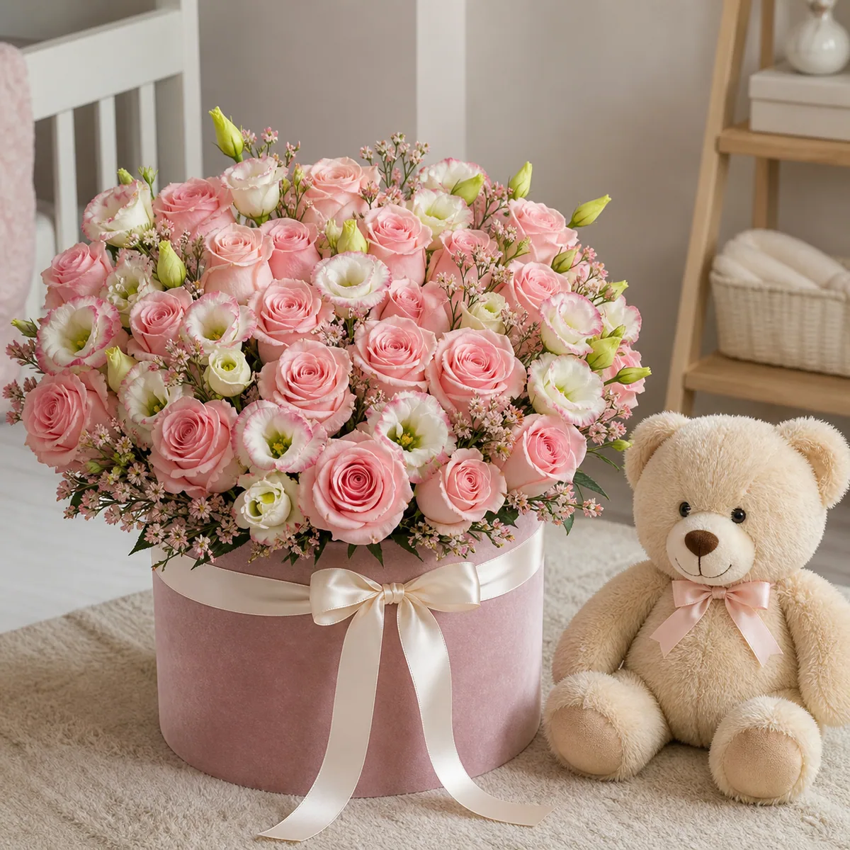 Fotografía de Oso box: 25 rosas y 20 lisianthus